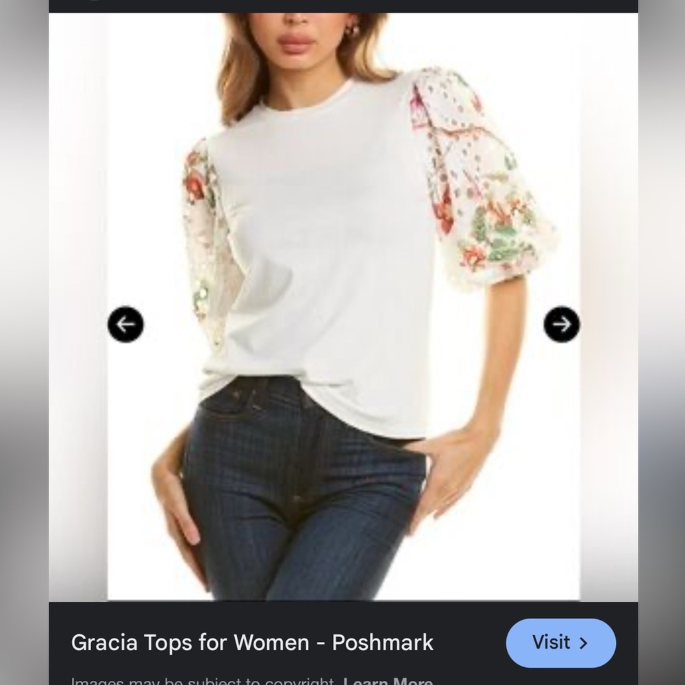 Gracia White Top with Floral Patterned Sleeves